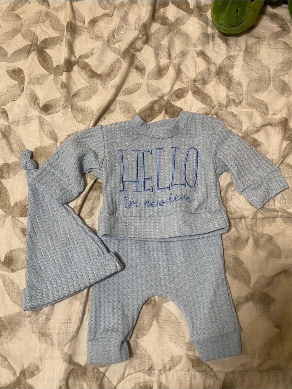 Hello Baby Blue Knit Newborn Outfit Set